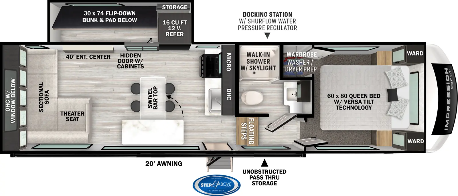The 238RLVIEW has one slideout and one entry. Exterior features a 20 foot awning, MORryde Step Above entry steps, unobstructed pass-thru storage, and docking station with shurflow water pressure regulator. Interior layout front to back: foot-facing queen bed with versa tilt, wardrobes on each side, and off-door side closet with washer/dryer prep; off-door side full bathroom with walk-in shower with skylight; floating steps down to main living area and entry; kitchen counter with sink, overhead cabinet, microwave and cooktop along inner wall; off-door side slideout with 12V refrigerator, hidden door with cabinets with flip down bunk, pad below and storage behind, and entertainment center; door side swivel bar top with stools; rear theater seat with sectional sofa and overhead cabinet with window below.